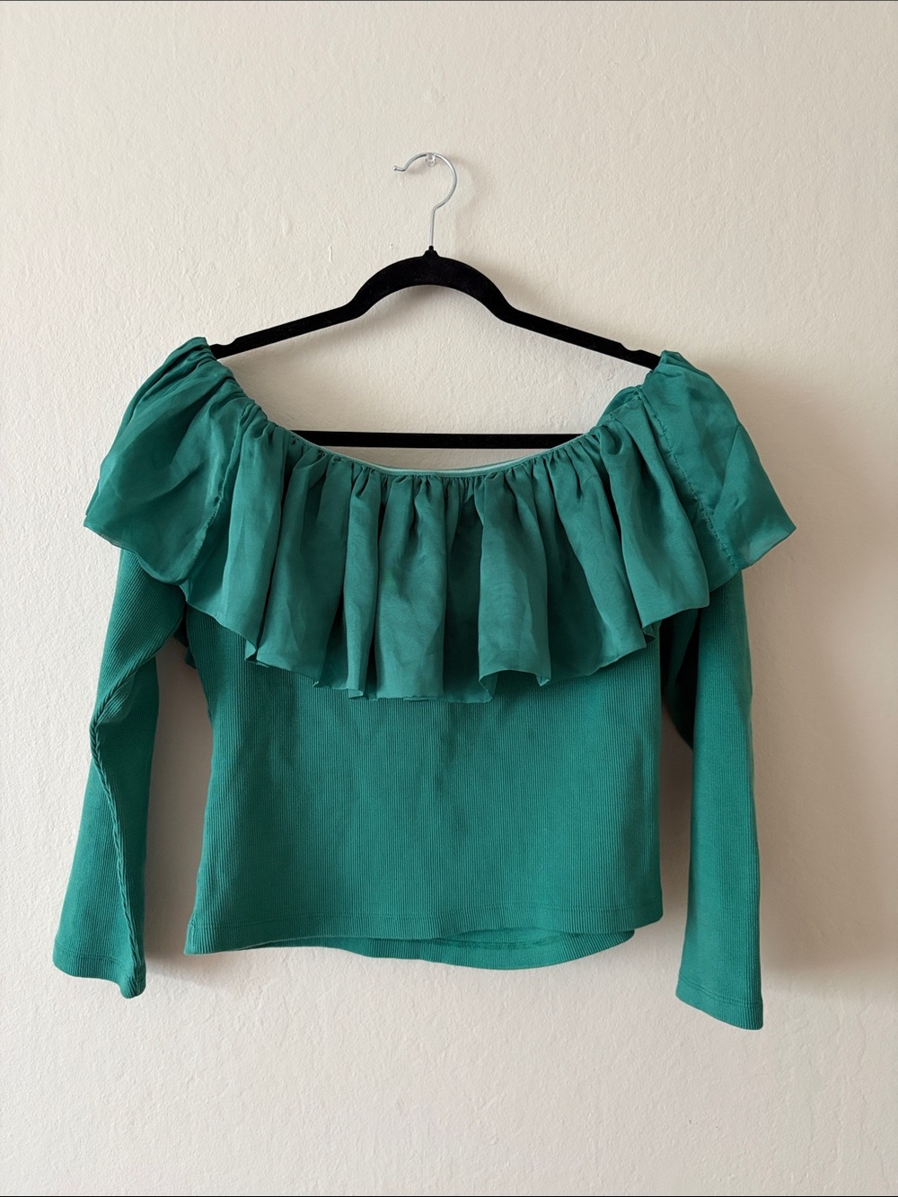 Anthropologie Teal Off-Shoulder Ruffle Long-Sleeve Top